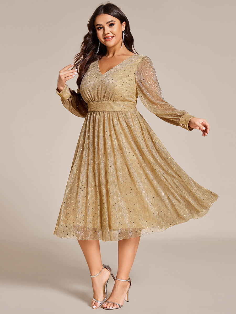 Color=Gold | Plus Size Elegant Long Lantern Sleeve Midi Length Sequin Tulle Dresses with Shimmer Decoration-Gold 8