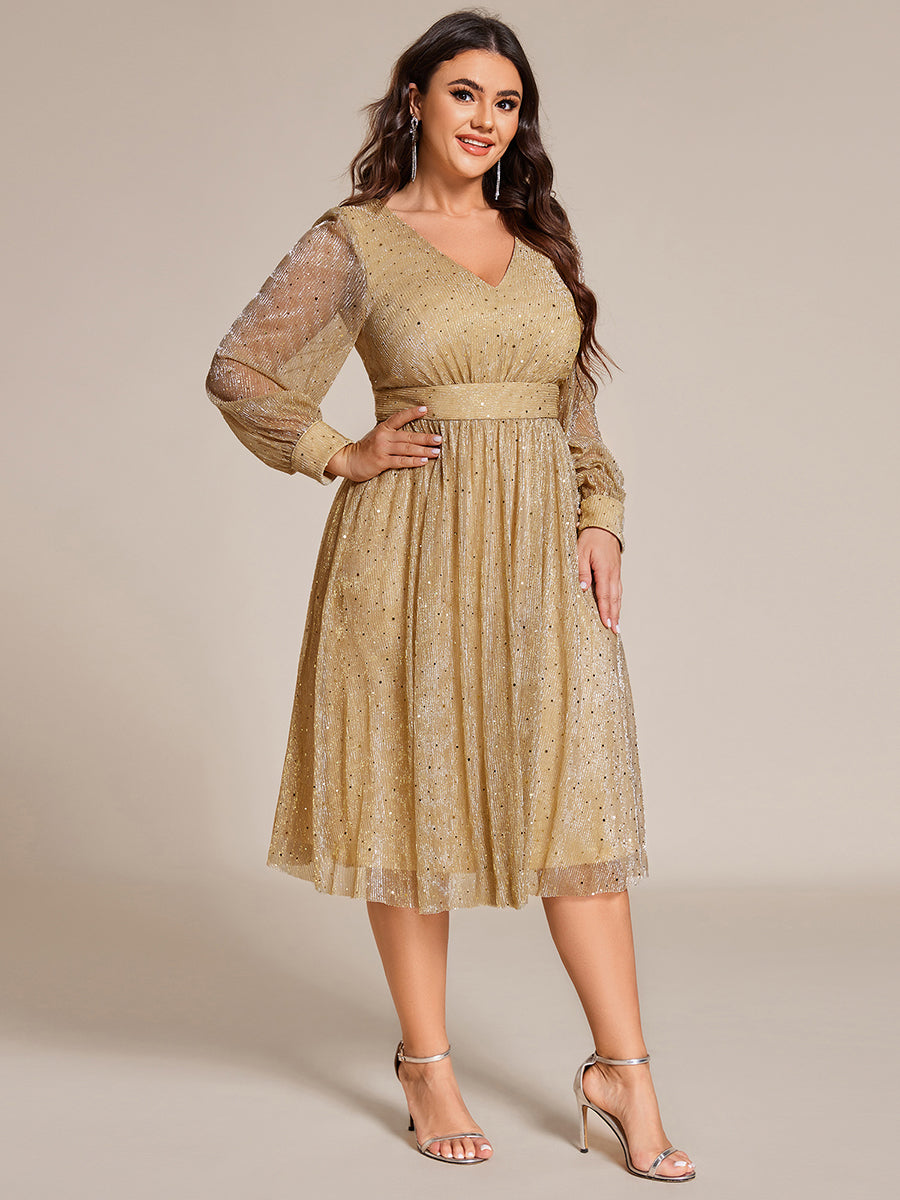 Color=Gold | Plus Size Elegant Long Lantern Sleeve Midi Length Sequin Tulle Dresses with Shimmer Decoration-Gold 9