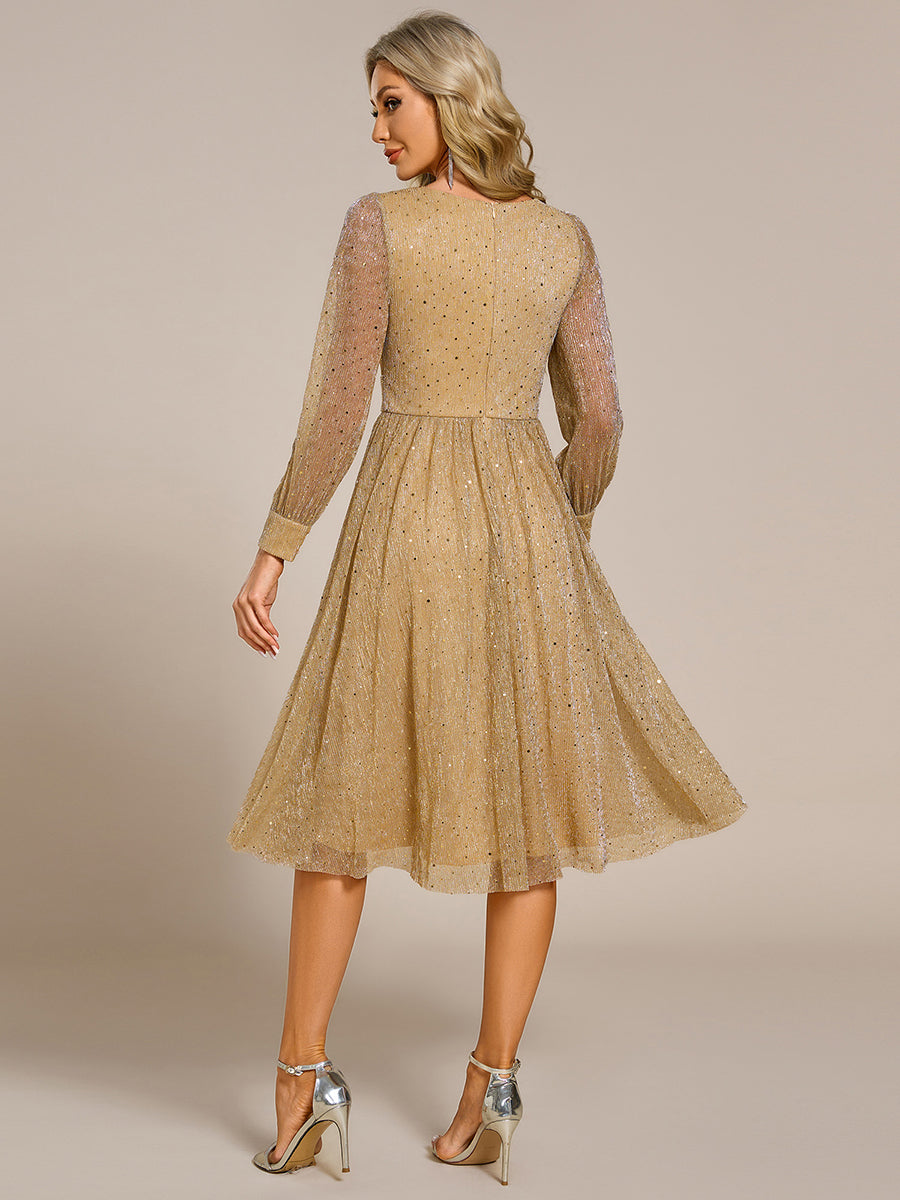 Color=Gold | Elegant Long Lantern Sleeve Midi Length Sequin Tulle Dresses with Shimmer Decoration-Gold 7
