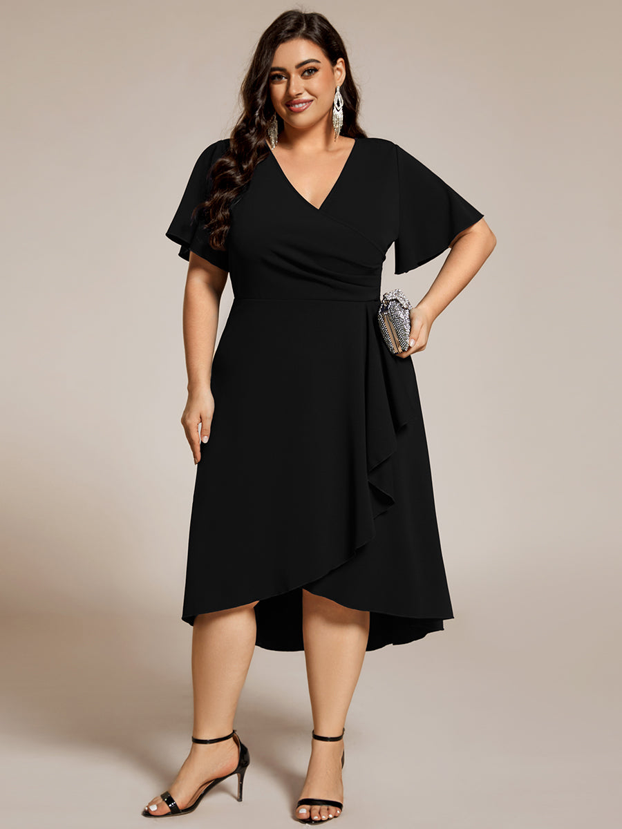 Color=Black | Plus Size Elegant Midi Length ruffles sleeve Chiffon Wedding Guest Dresses with Regular Fold Stream-Black 1
