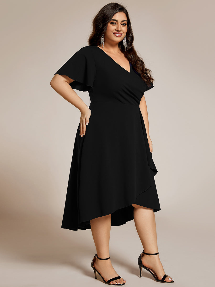 Color=Black | Plus Size Elegant Midi Length ruffles sleeve Chiffon Wedding Guest Dresses with Regular Fold Stream-Black 3