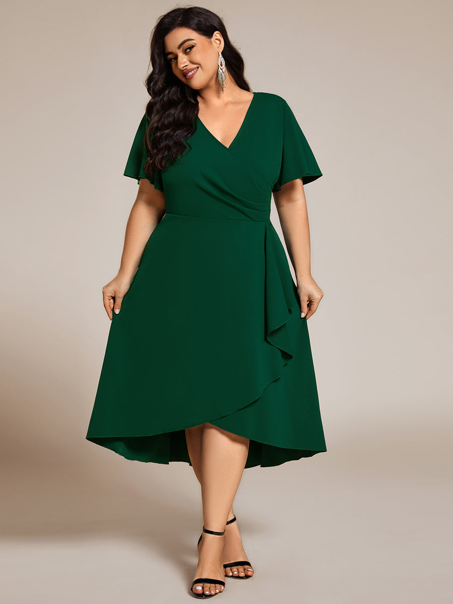 Color=Dark Green | Plus Size Elegant Midi Length ruffles sleeve Chiffon Wedding Guest Dresses with Regular Fold Stream-Dark Green 6