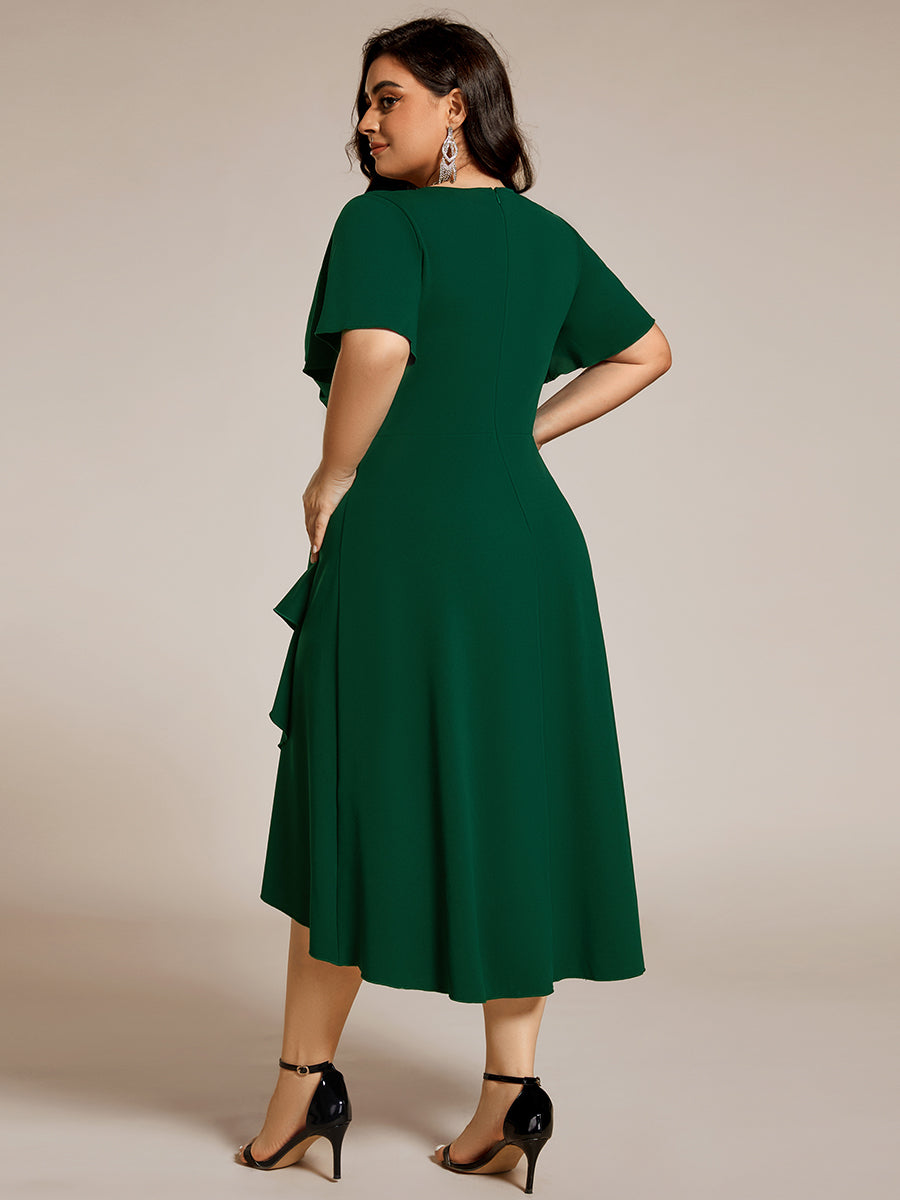 Color=Dark Green | Plus Size Elegant Midi Length ruffles sleeve Chiffon Wedding Guest Dresses with Regular Fold Stream-Dark Green 7
