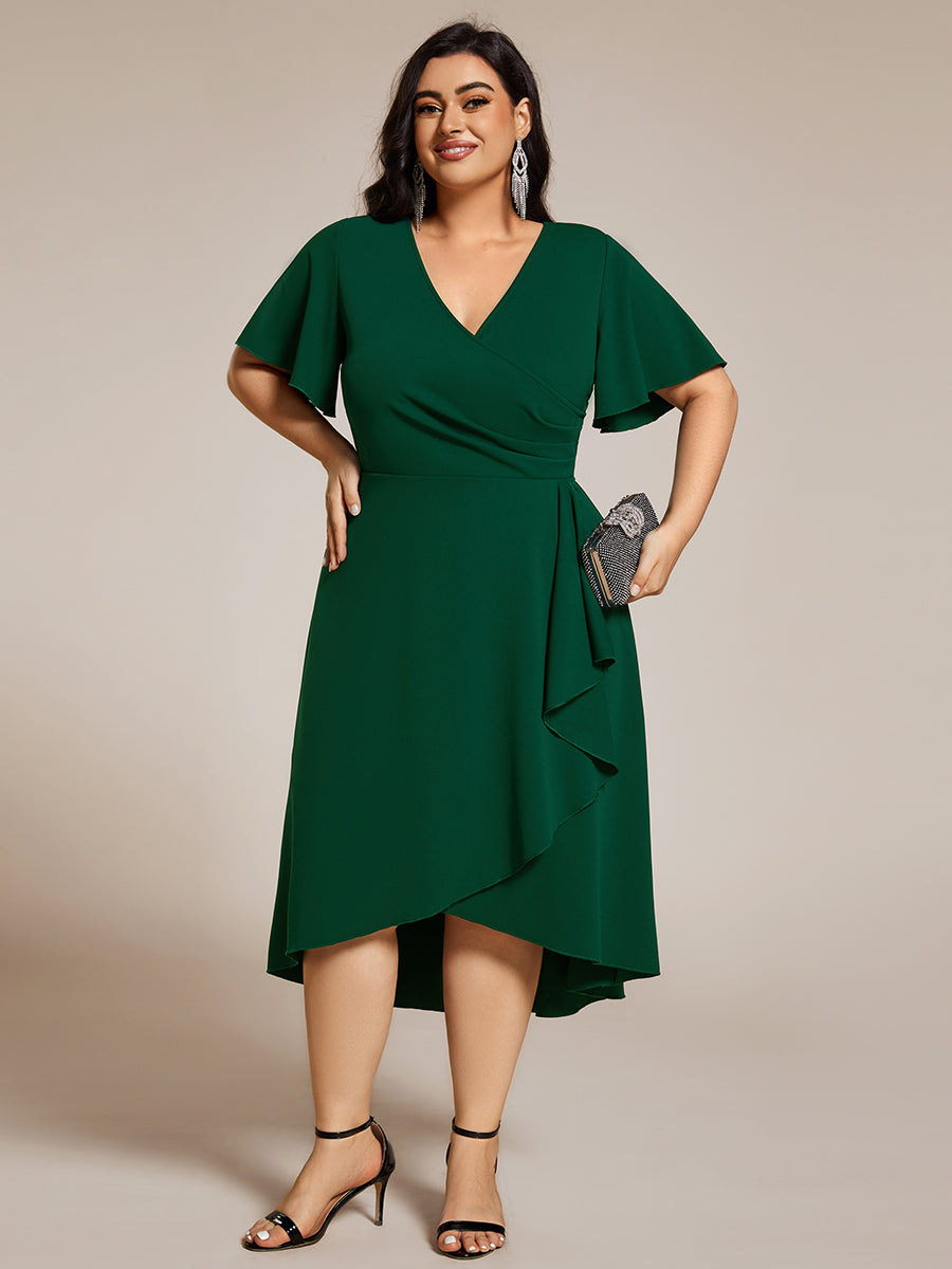 Color=Dark Green | Plus Size Elegant Midi Length ruffles sleeve Chiffon Wedding Guest Dresses with Regular Fold Stream-Dark Green 8