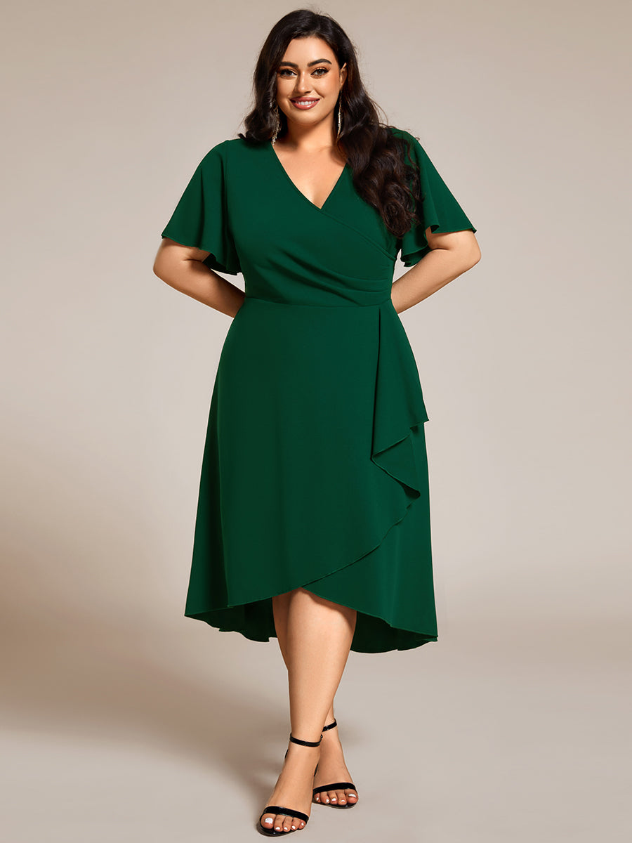 Color=Dark Green | Plus Size Elegant Midi Length ruffles sleeve Chiffon Wedding Guest Dresses with Regular Fold Stream-Dark Green 9