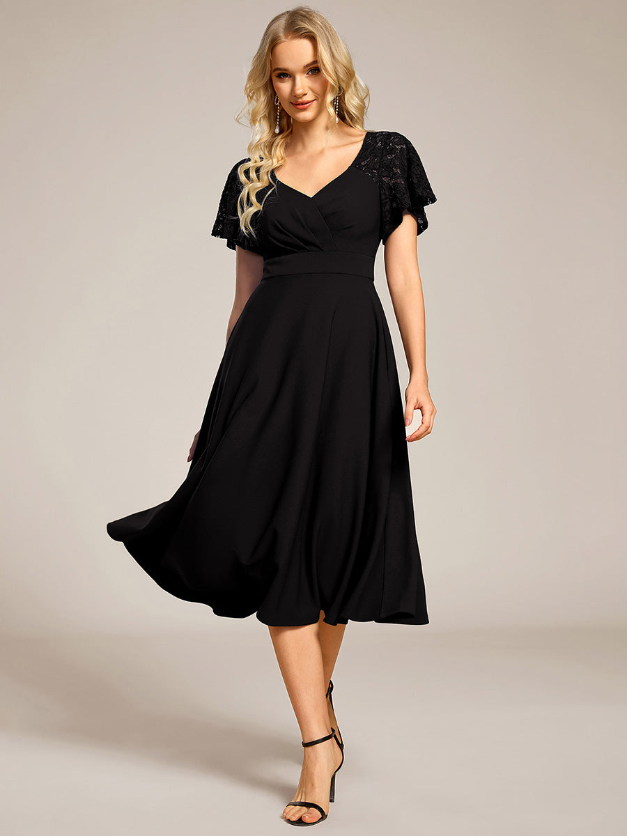 Short Sleeve Ruffle Sweetheart A-Line High Stretch Midi Wedding Guest Short Sleeve Ruffle Sweetheart A-Line High Stretch Midi Wedding Guest
