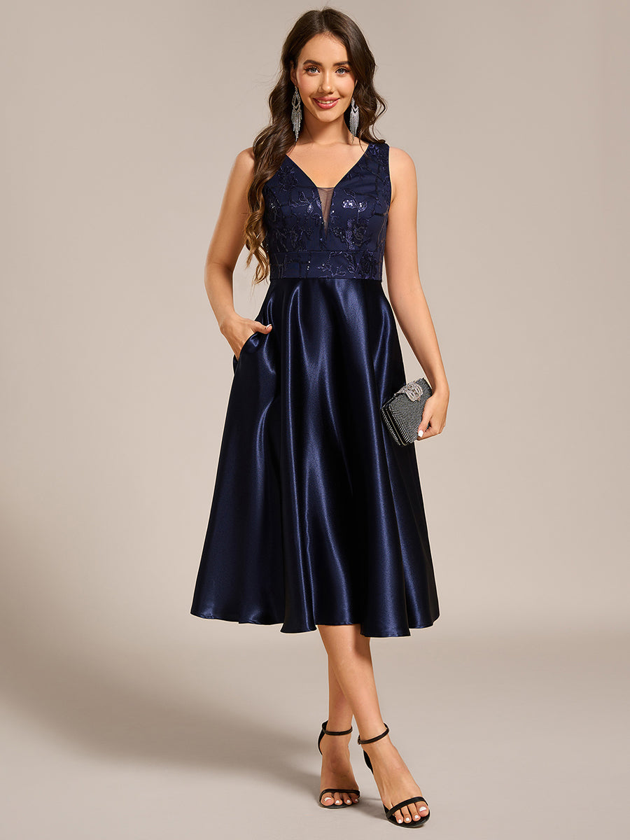 Strapless A-Line Midi Dress with Deep V-Neck Wedding Guest Dress Strapless A-Line Midi Dress with Deep V-Neck Wedding Guest Dress
