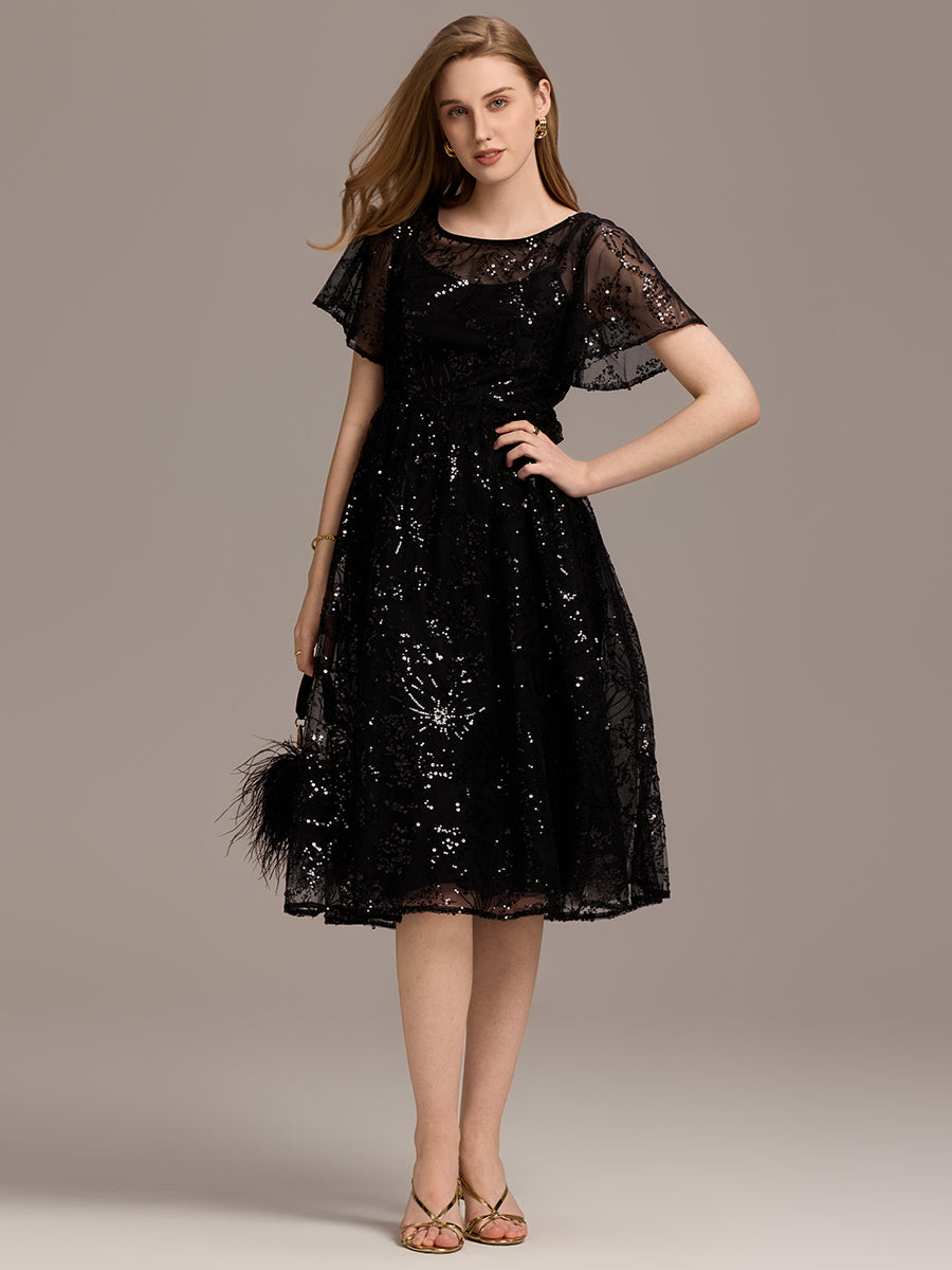 Color=Black | Factory Design Short Sleeve Ruffle Sheer Round Neck A-Line Midi Wedding Guest Dresses-Black 1