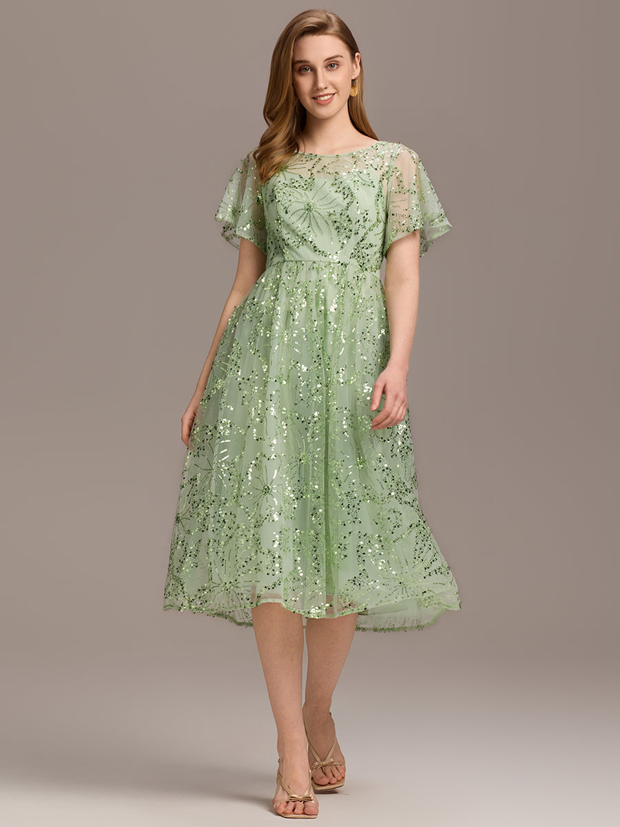 Color=Mint Green | Factory Design Short Sleeve Ruffle Sheer Round Neck A-Line Midi Wedding Guest Dresses-Mint Green 11