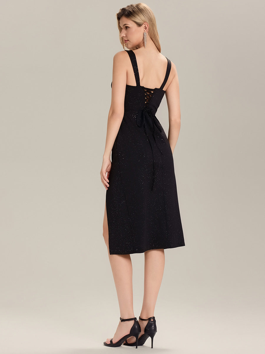 Color=Black | Industrial Use Strapless High Stretch Bodycon Midi Dress with Thigh-High Slit | Wedding Guest Dresses-Black 7