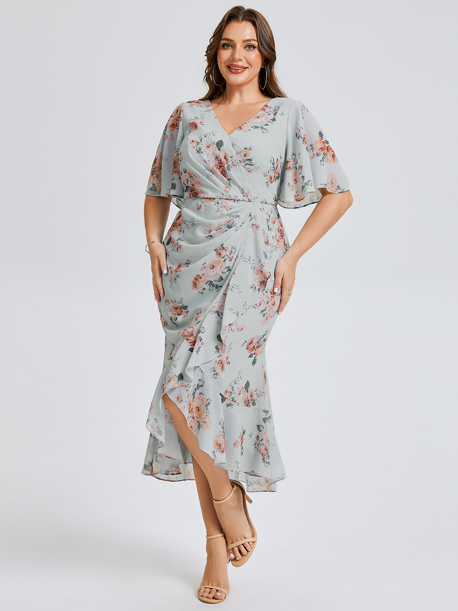 Color=Amber Bloom | Wholesale Pricing Plus Size Short Sleeve Ruffle V-Neck Fishtail High-Low Wedding Guest Dresses-Amber Bloom 5