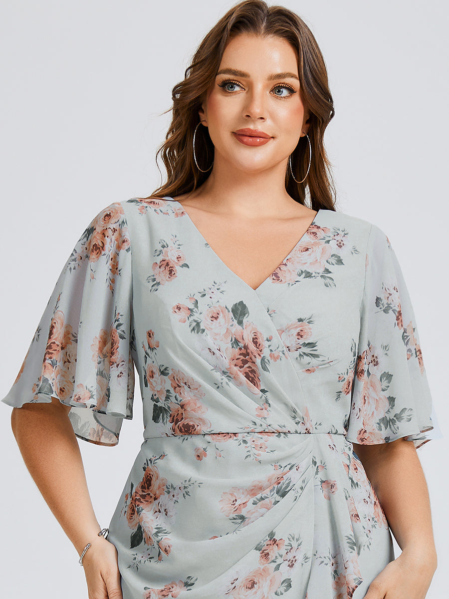 Color=Amber Bloom | Wholesale Pricing Plus Size Short Sleeve Ruffle V-Neck Fishtail High-Low Wedding Guest Dresses-Amber Bloom 3