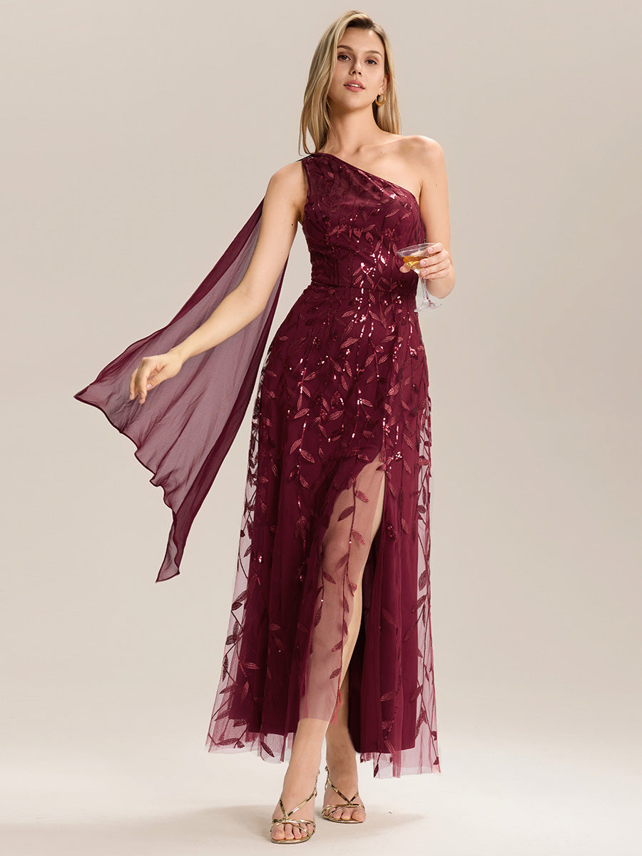 Color=Burgundy | B2B-Exclusive One Shoulder Sleeveless Sequin A-Line Maxi Wedding Guest Dress-Burgundy 4
