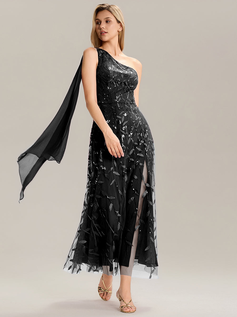 Color=Black | B2B-Exclusive One Shoulder Sleeveless Sequin A-Line Maxi Wedding Guest Dress-Black 9