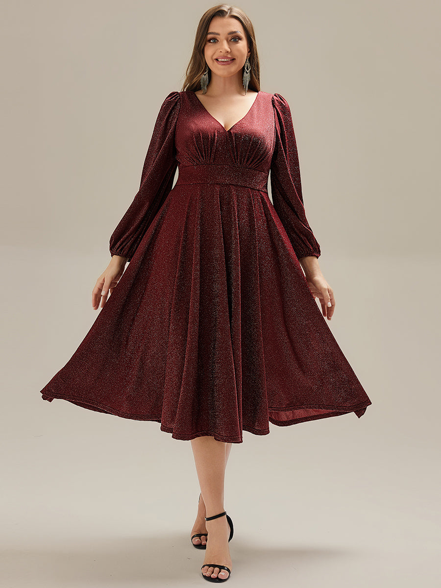 Color=Burgundy | Fast Delivery Long Sleeve V-Neck Gathered A-Line Midi Wedding Guest Dresses-Burgundy 6