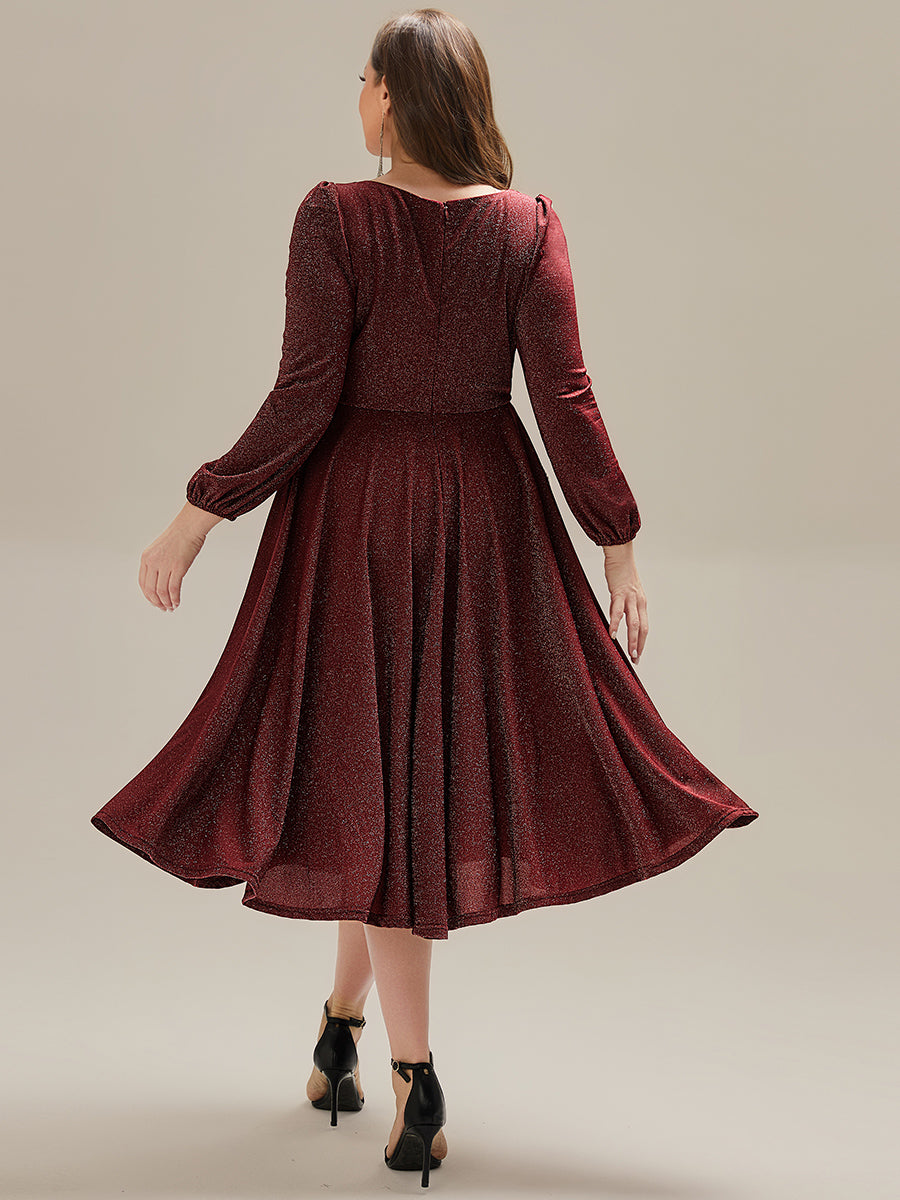 Color=Burgundy | Fast Delivery Long Sleeve V-Neck Gathered A-Line Midi Wedding Guest Dresses-Burgundy 7