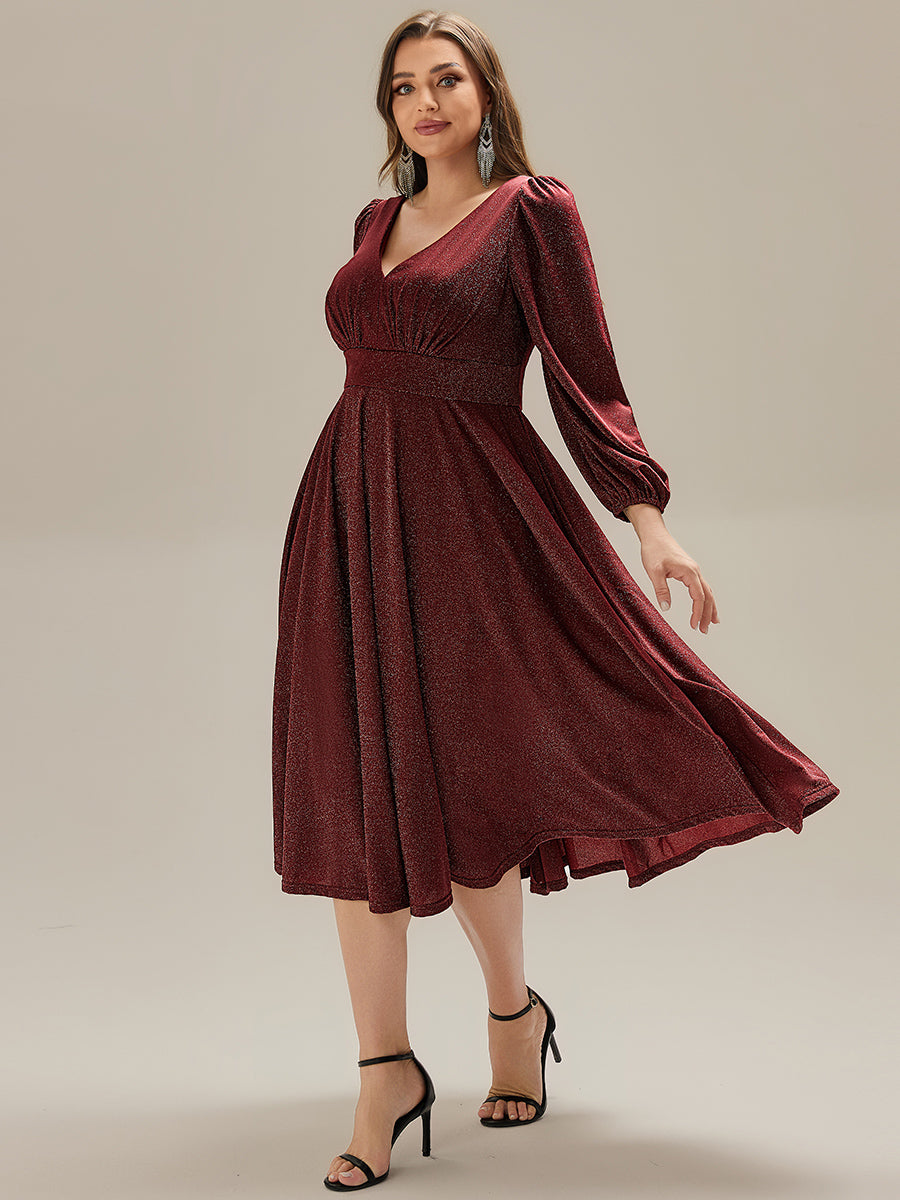 Color=Burgundy | Fast Delivery Long Sleeve V-Neck Gathered A-Line Midi Wedding Guest Dresses-Burgundy 9