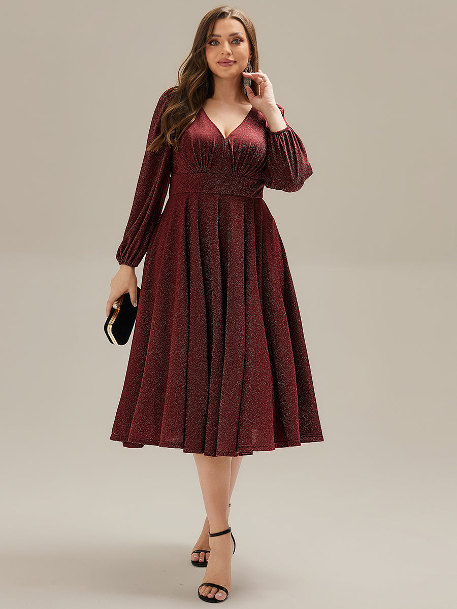 Color=Burgundy | Fast Delivery Long Sleeve V-Neck Gathered A-Line Midi Wedding Guest Dresses-Burgundy 10