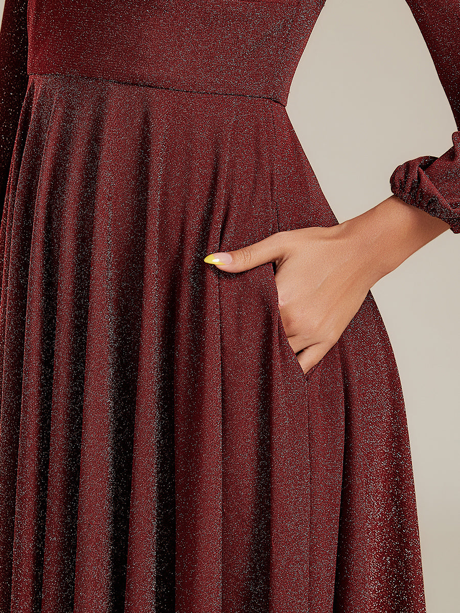 Color=Burgundy | Fast Delivery Long Sleeve V-Neck Gathered A-Line Midi Wedding Guest Dresses-Burgundy 8
