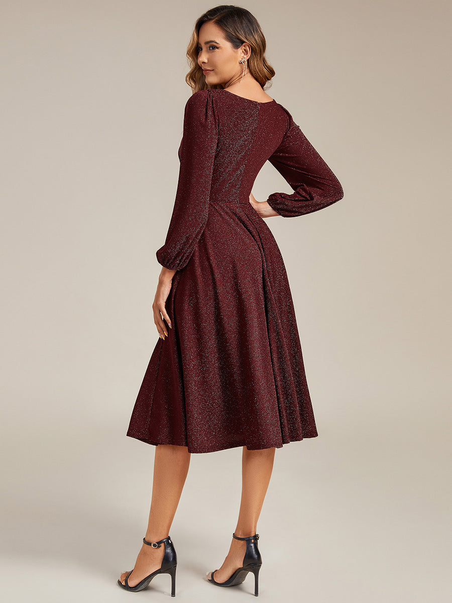 Color=Burgundy | Fast Delivery Long Sleeve V-Neck Gathered A-Line Midi Wedding Guest Dresses-Burgundy 2
