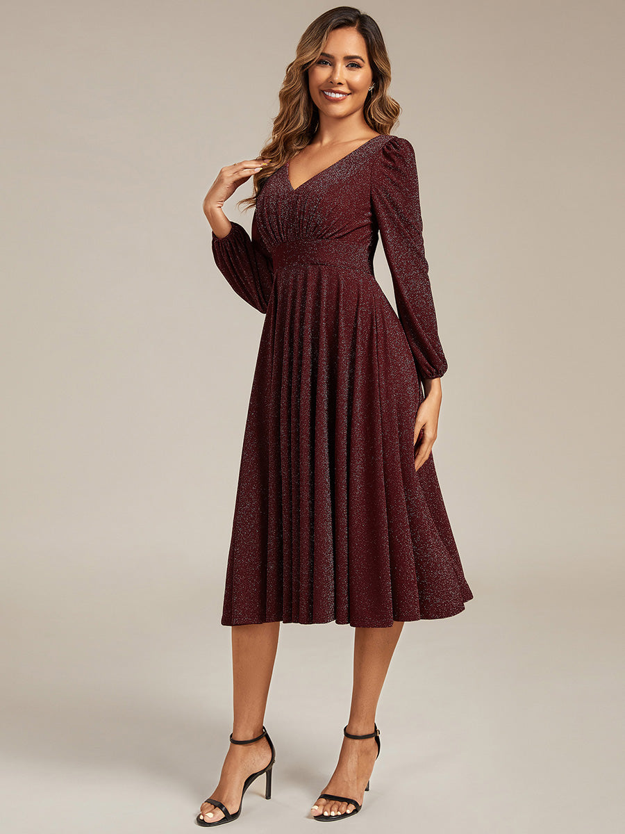Color=Burgundy | Fast Delivery Long Sleeve V-Neck Gathered A-Line Midi Wedding Guest Dresses-Burgundy 4