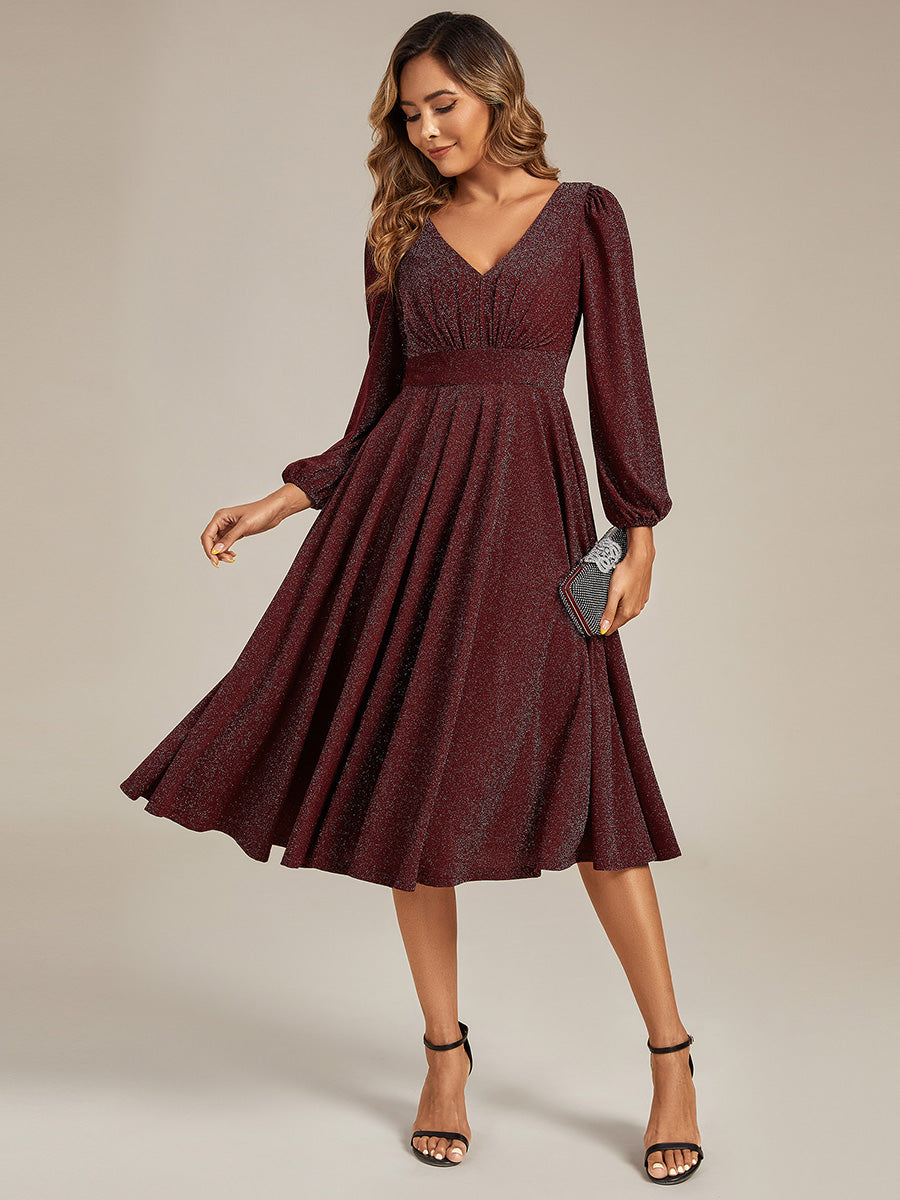 Color=Burgundy | Fast Delivery Long Sleeve V-Neck Gathered A-Line Midi Wedding Guest Dresses-Burgundy 5