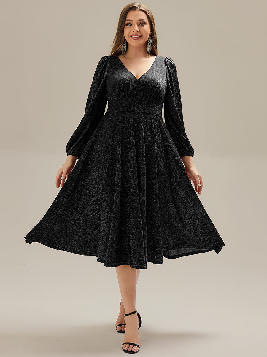 Color=Black | Fast Delivery Long Sleeve V-Neck Gathered A-Line Midi Wedding Guest Dresses-Black 16