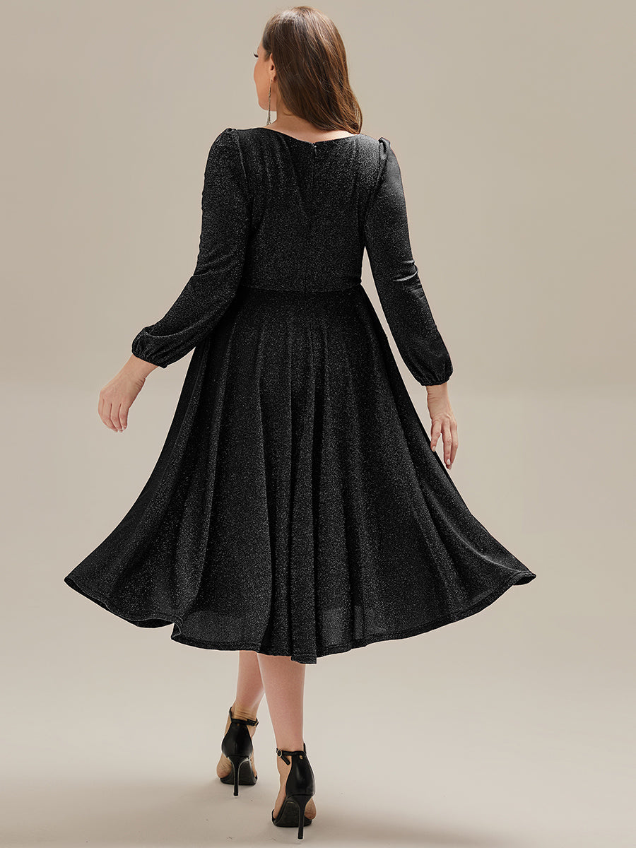 Color=Black | Fast Delivery Long Sleeve V-Neck Gathered A-Line Midi Wedding Guest Dresses-Black 17