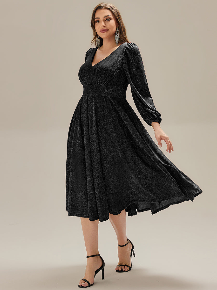 Color=Black | Fast Delivery Long Sleeve V-Neck Gathered A-Line Midi Wedding Guest Dresses-Black 19