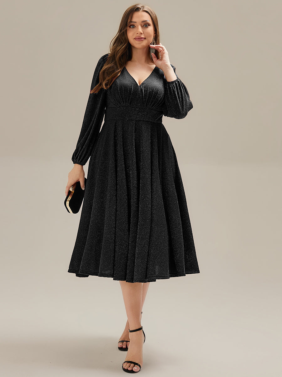 Color=Black | Fast Delivery Long Sleeve V-Neck Gathered A-Line Midi Wedding Guest Dresses-Black 20