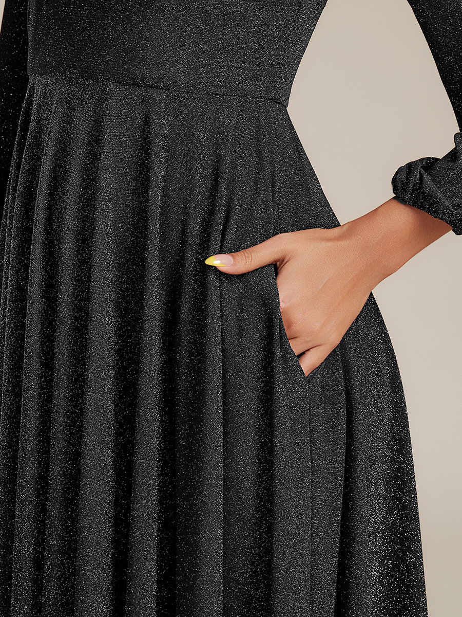 Color=Black | Fast Delivery Long Sleeve V-Neck Gathered A-Line Midi Wedding Guest Dresses-Black 18