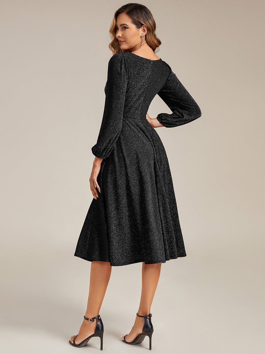 Color=Black | Fast Delivery Long Sleeve V-Neck Gathered A-Line Midi Wedding Guest Dresses-Black 12