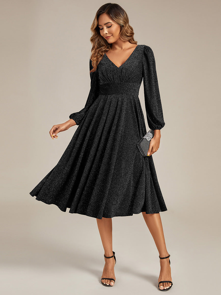Color=Black | Fast Delivery Long Sleeve V-Neck Gathered A-Line Midi Wedding Guest Dresses-Black 15