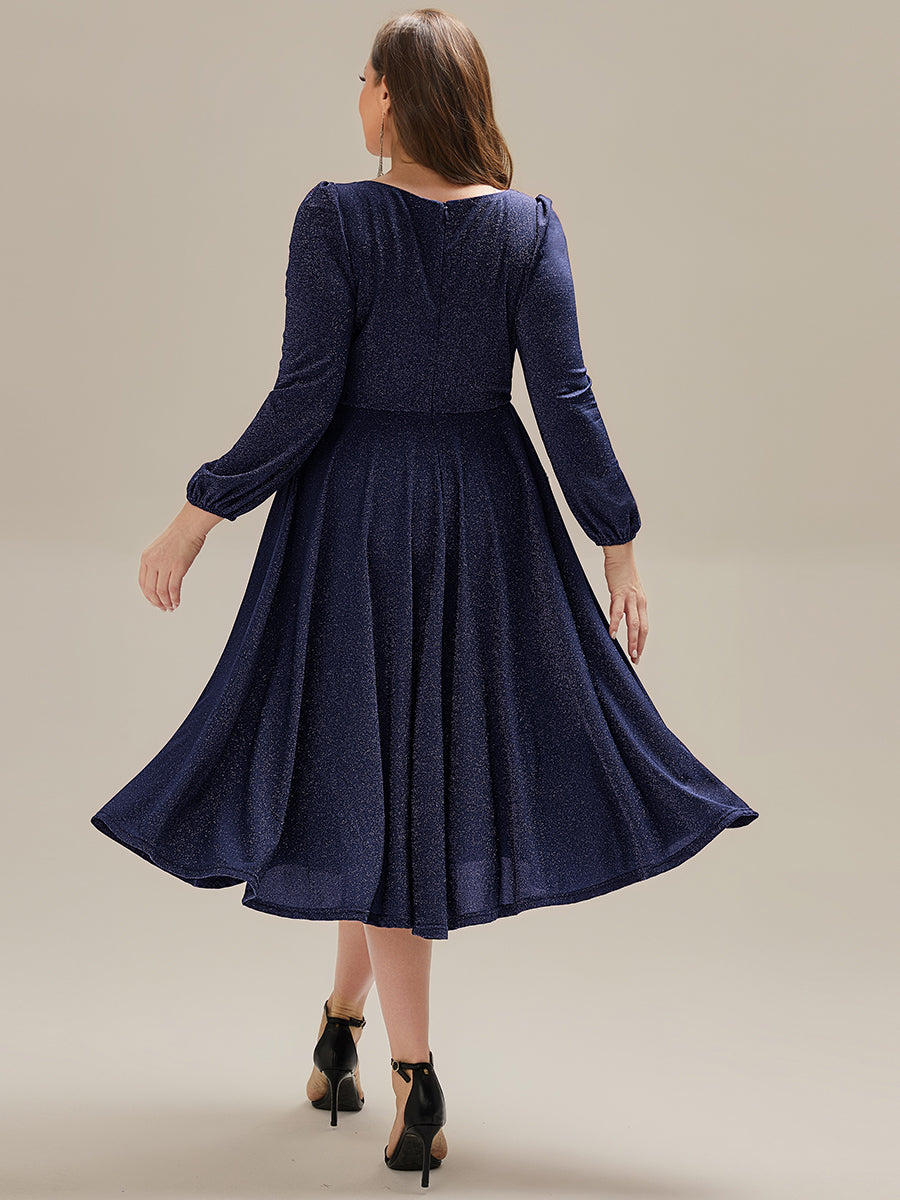 Color=Navy Blue | Fast Delivery Long Sleeve V-Neck Gathered A-Line Midi Wedding Guest Dresses-Navy Blue 27
