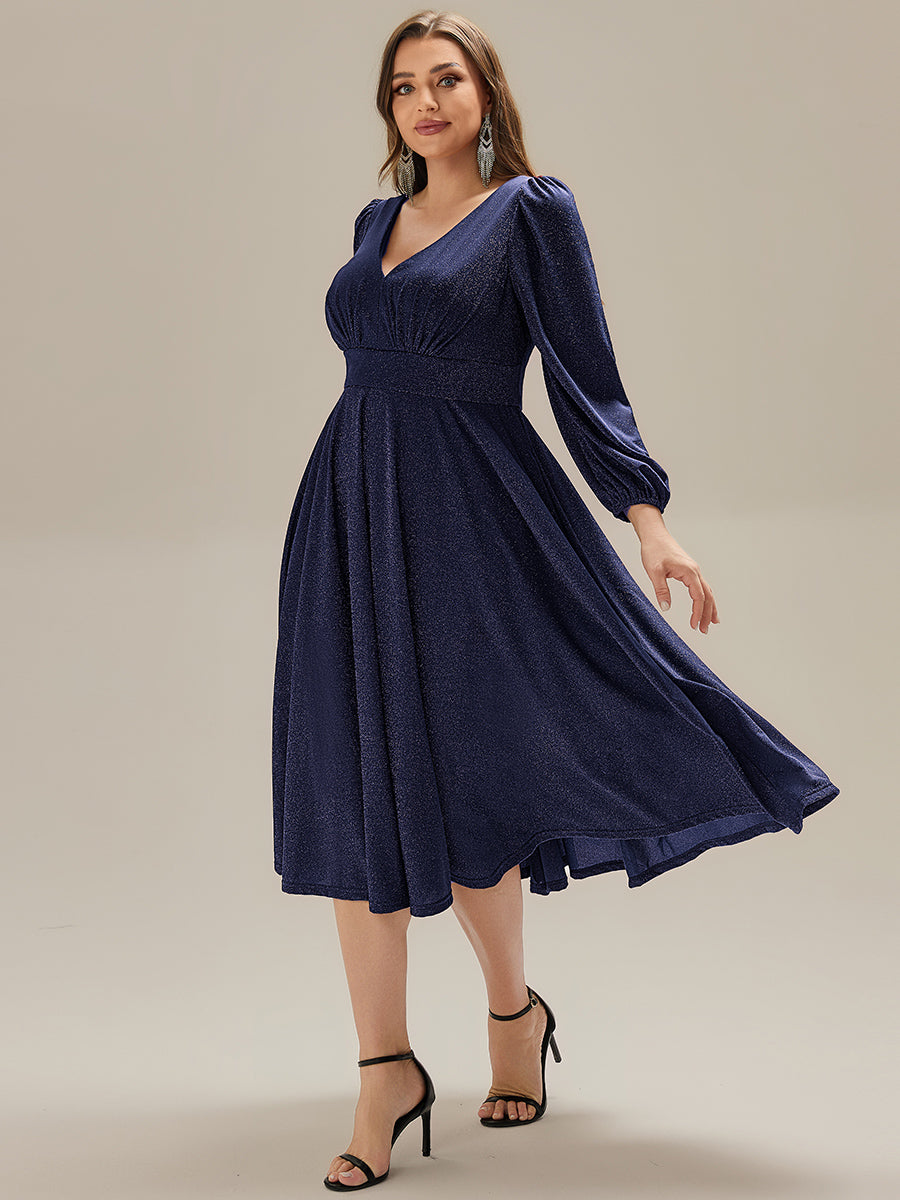 Color=Navy Blue | Fast Delivery Long Sleeve V-Neck Gathered A-Line Midi Wedding Guest Dresses-Navy Blue 29