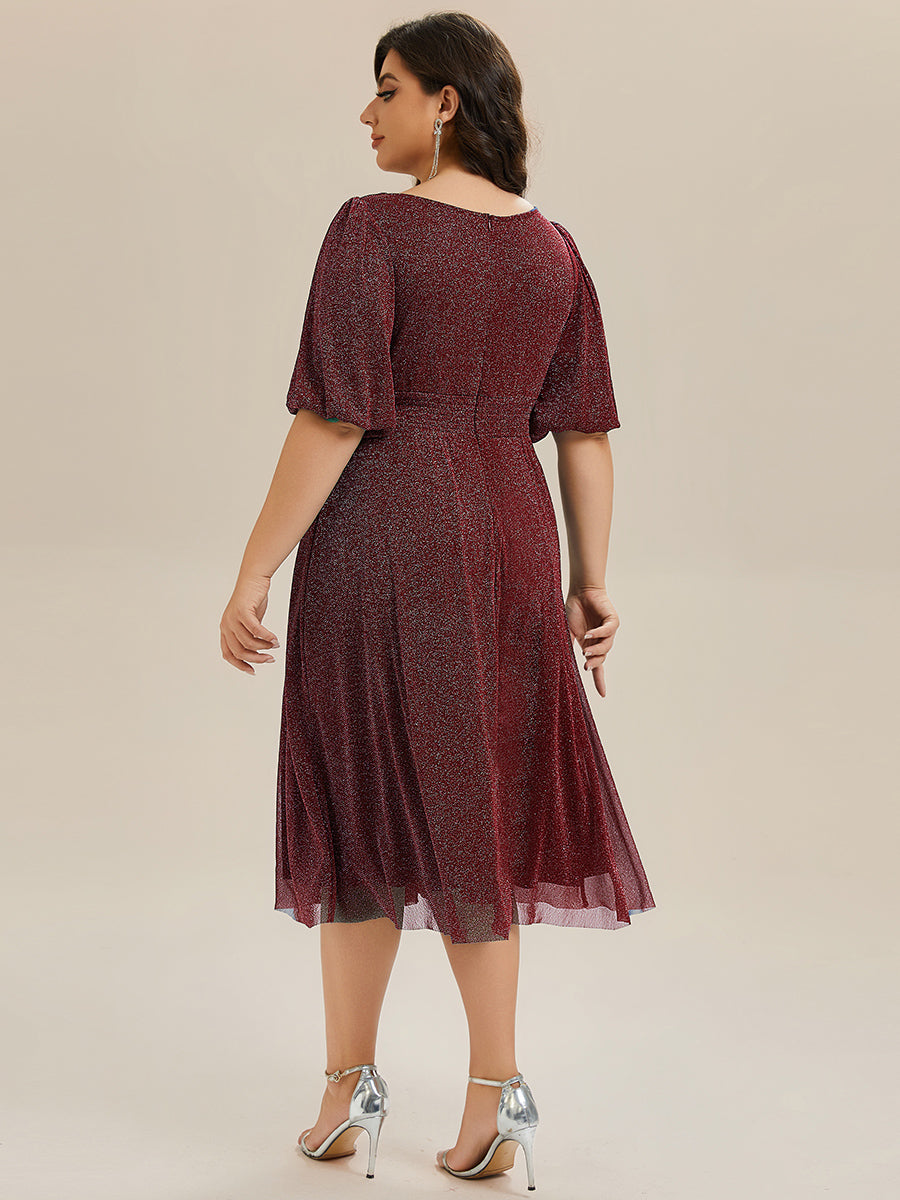 Color=Burgundy | Half Sleeve Gathered A-Line Midi Length Wedding Guest Dresses-Burgundy 7