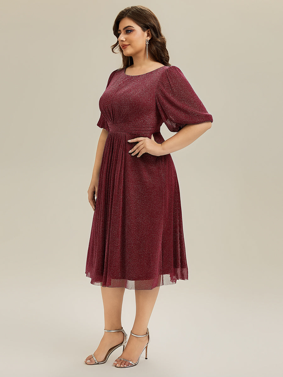 Color=Burgundy | Half Sleeve Gathered A-Line Midi Length Wedding Guest Dresses-Burgundy 9