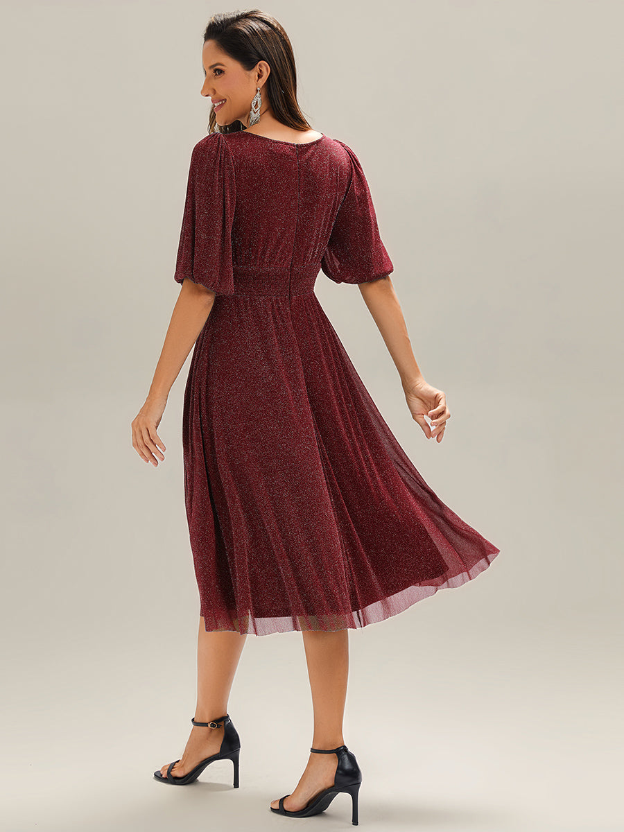 Color=Burgundy | Half Sleeve Gathered A-Line Midi Length Wedding Guest Dresses-Burgundy 2