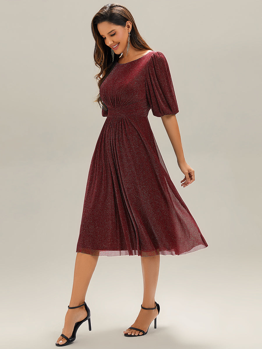 Color=Burgundy | Half Sleeve Gathered A-Line Midi Length Wedding Guest Dresses-Burgundy 4