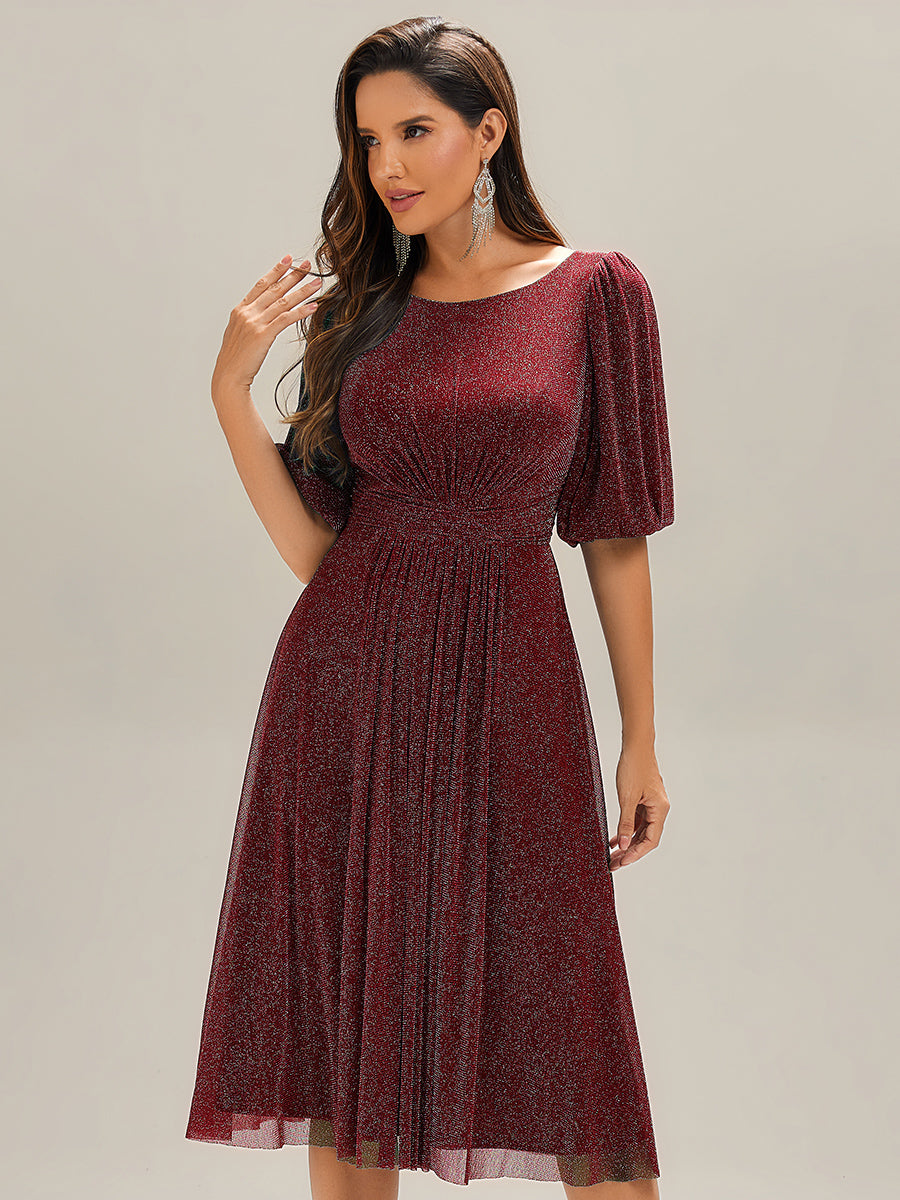 Color=Burgundy | Half Sleeve Gathered A-Line Midi Length Wedding Guest Dresses-Burgundy 5