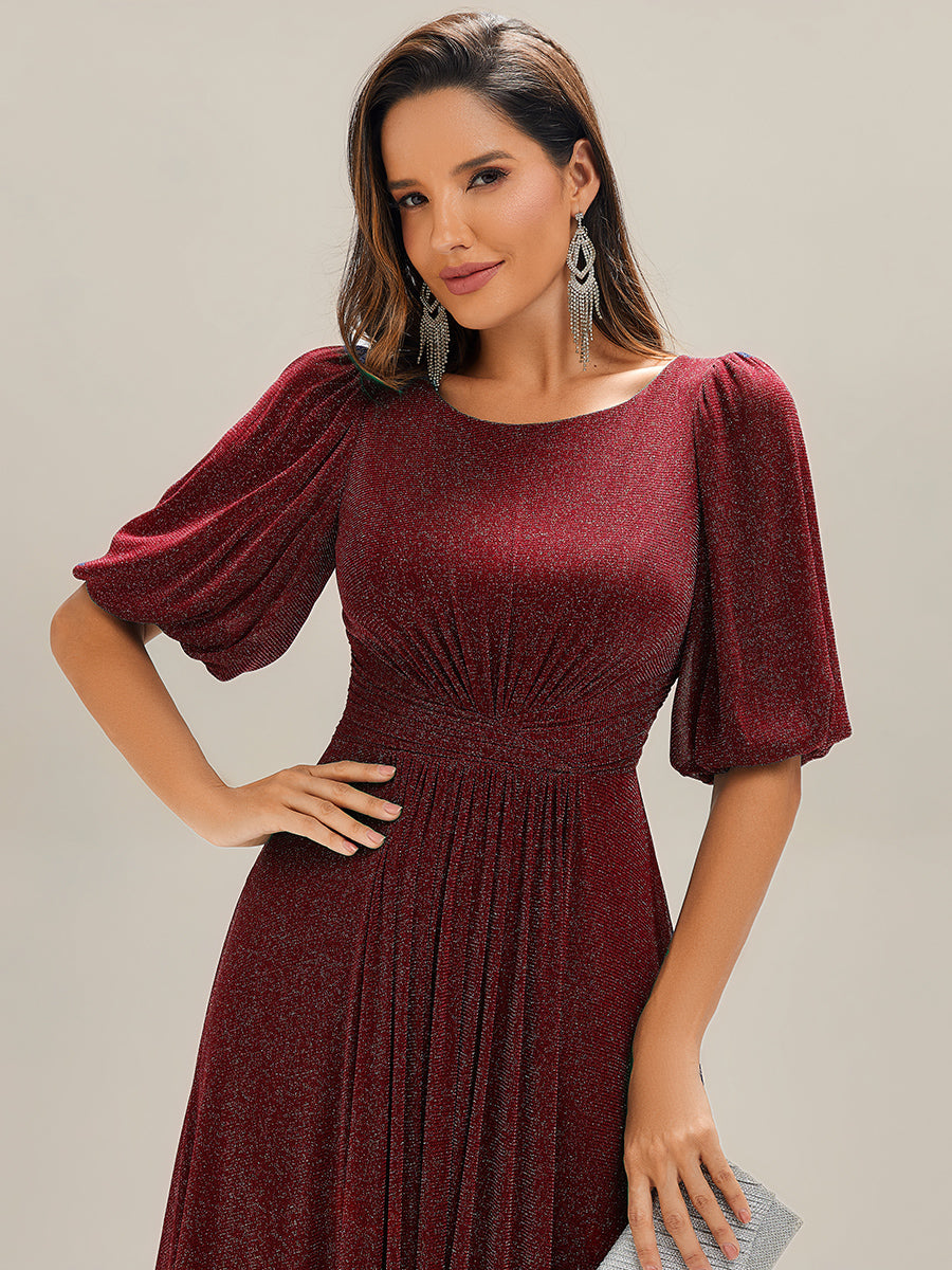 Color=Burgundy | Half Sleeve Gathered A-Line Midi Length Wedding Guest Dresses-Burgundy 3