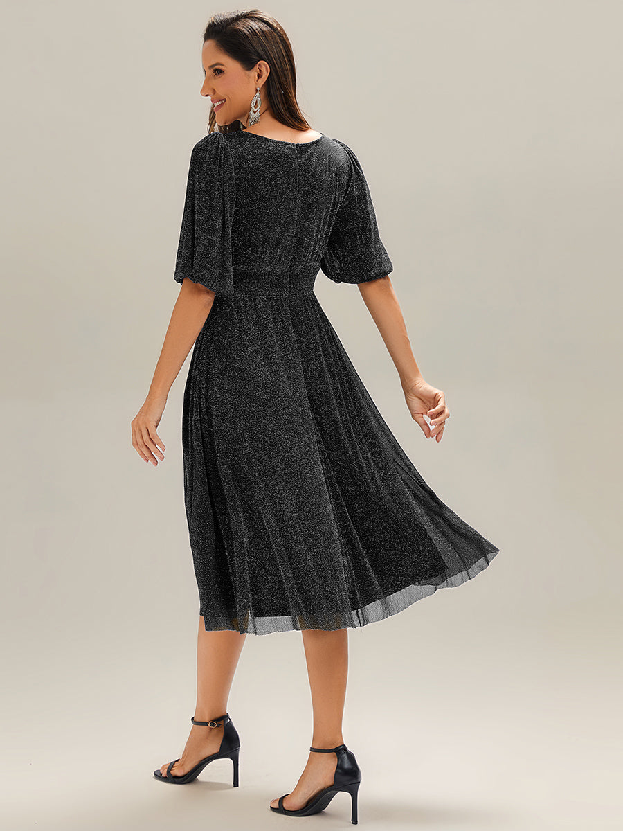 Color=Black |Half Sleeve Gathered A-Line Midi Length Wedding Guest Dresses-Black 12