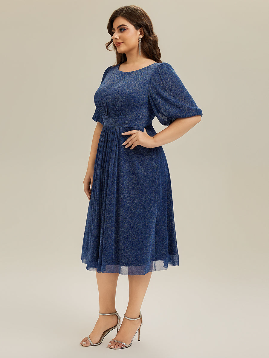 Color=Navy Blue | Half Sleeve Gathered A-Line Midi Length Wedding Guest Dresses-Navy Blue 29