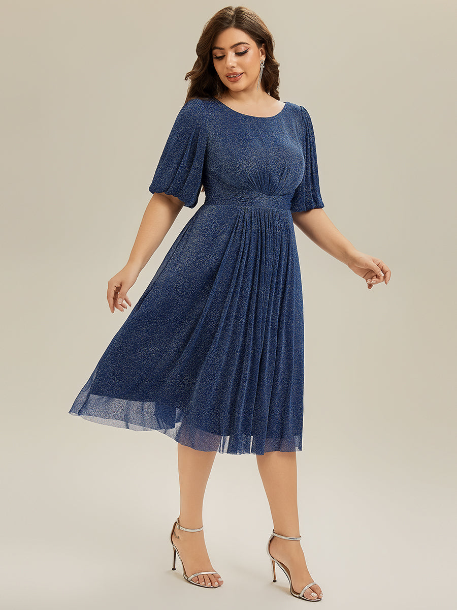 Color=Navy Blue | Half Sleeve Gathered A-Line Midi Length Wedding Guest Dresses-Navy Blue 30