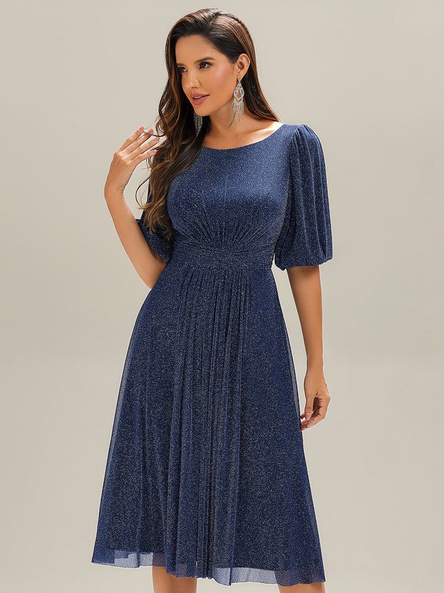 Color=Navy Blue | Half Sleeve Gathered A-Line Midi Length Wedding Guest Dresses-Navy Blue 25