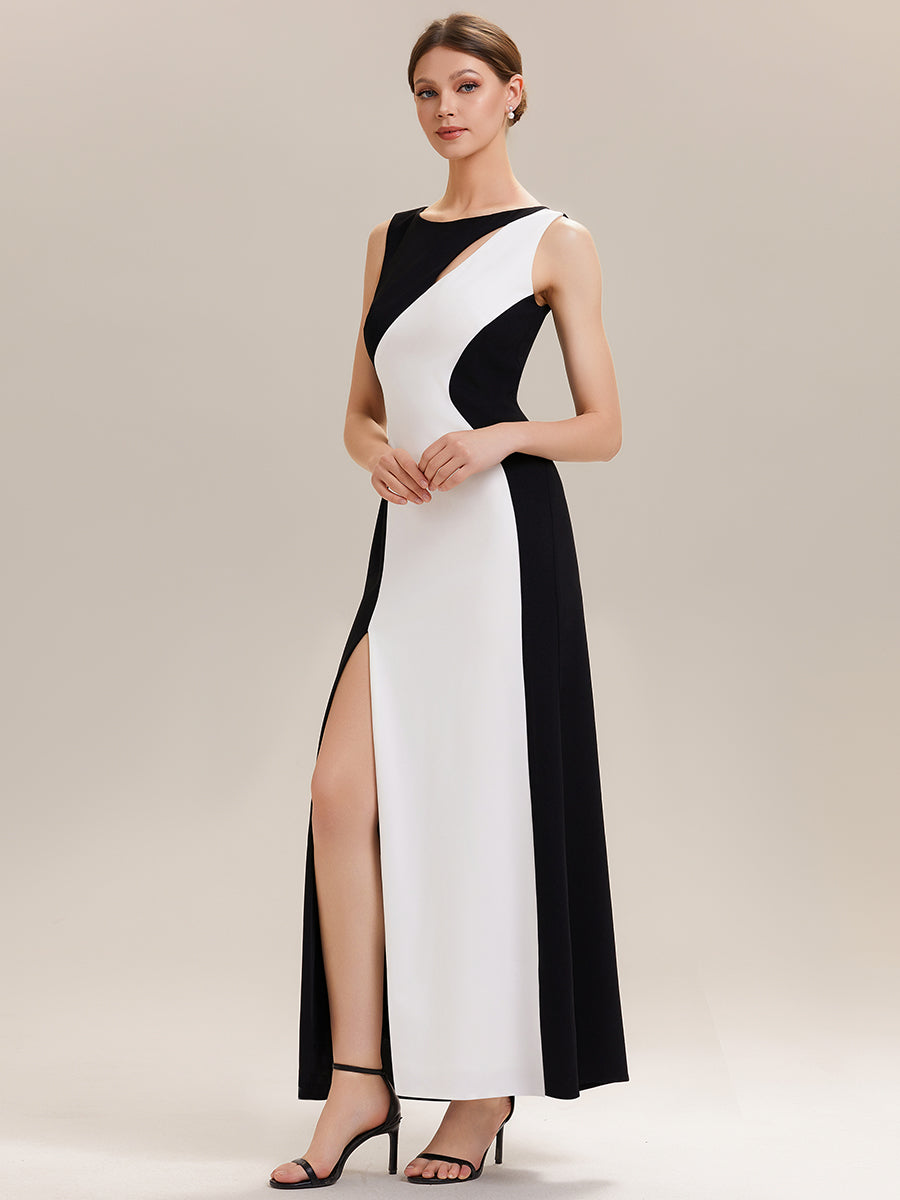 Color=Ivory-Black | Commercial Wholesale Strapless High Stretch Bodycon Round Neck Maxi Wedding Guest Dress-Ivory-Black 4