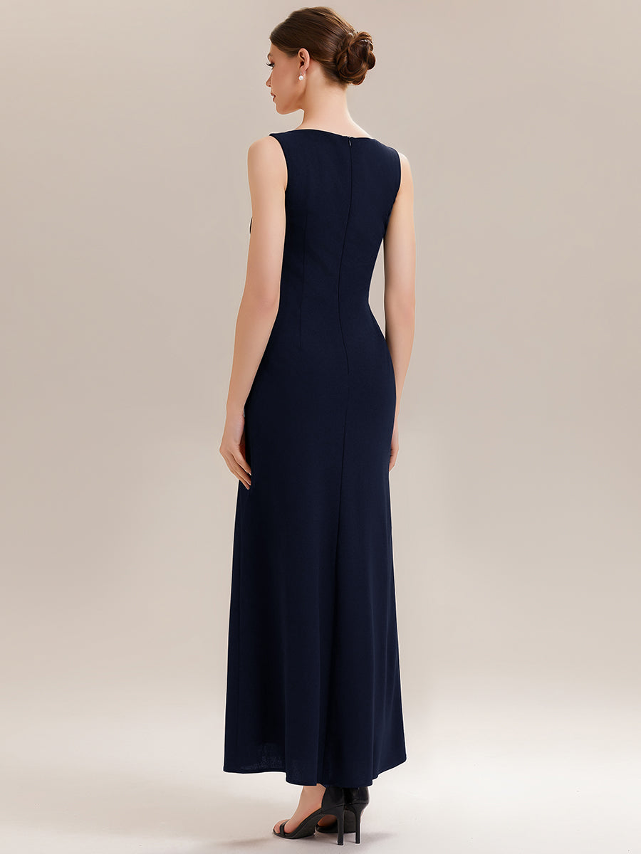Color=Navy Blue | Commercial Wholesale Strapless High Stretch Bodycon Round Neck Maxi Wedding Guest Dress-Navy Blue 7