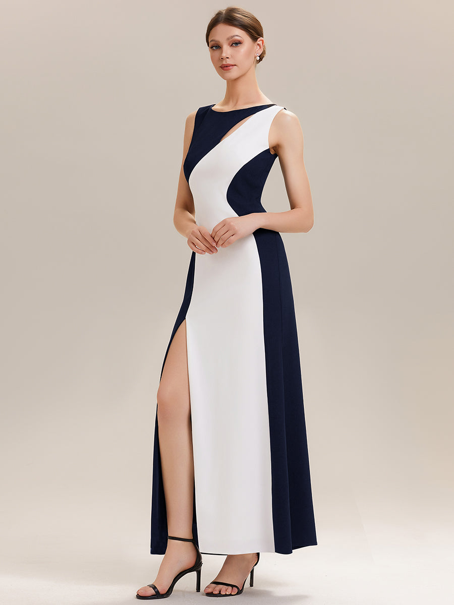 Color=Navy Blue | Commercial Wholesale Strapless High Stretch Bodycon Round Neck Maxi Wedding Guest Dress-Navy Blue 9