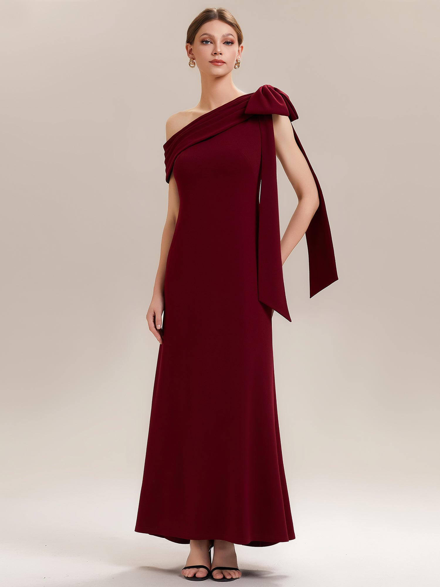Color=Dark Red | B2B-Exclusive Asymmetrical Sleeveless High Stretch Sheath Floor Length Wedding Guest Dress-Dark Red 5