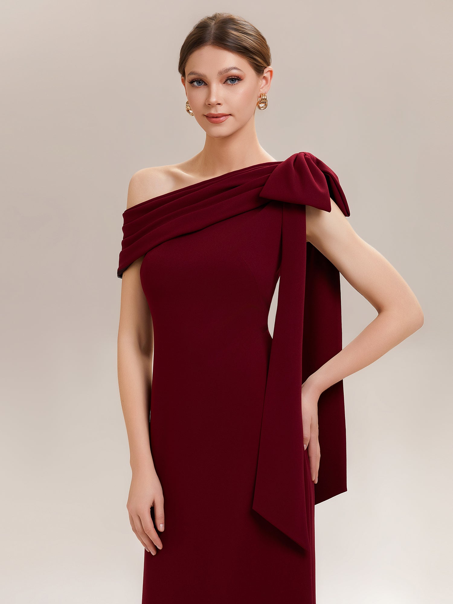 Color=Dark Red | B2B-Exclusive Asymmetrical Sleeveless High Stretch Sheath Floor Length Wedding Guest Dress-Dark Red 3